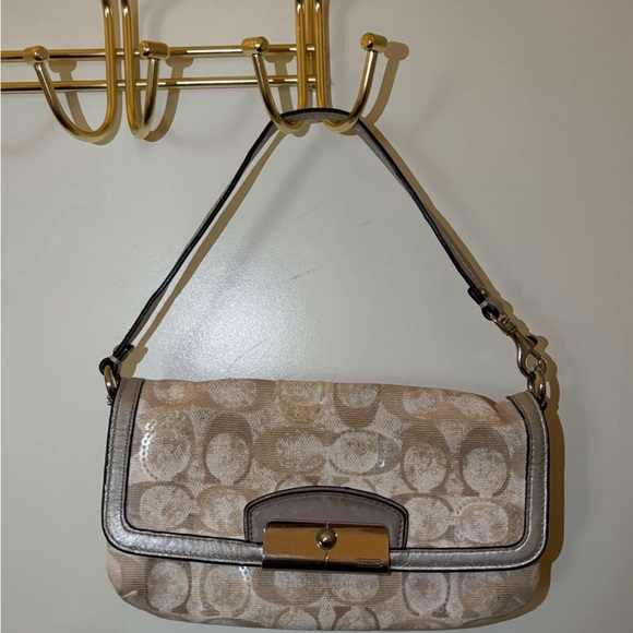 Coach Handbags - Coach Beige and Silver Signature Shoulder Bag